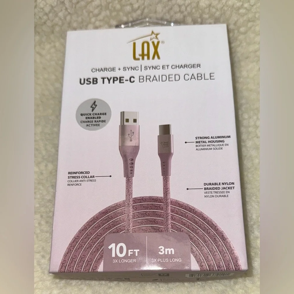 LAX Pink USB Type-C Braided Cable - 10ft, Android Compatible, NEW in Box